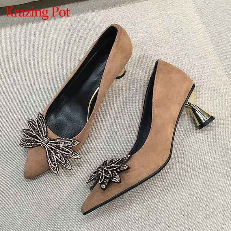 

KRAZING POT new sheep suede brand shoes strange style heels women dating pointed toe crystal butterfly beauty princess pumps L02