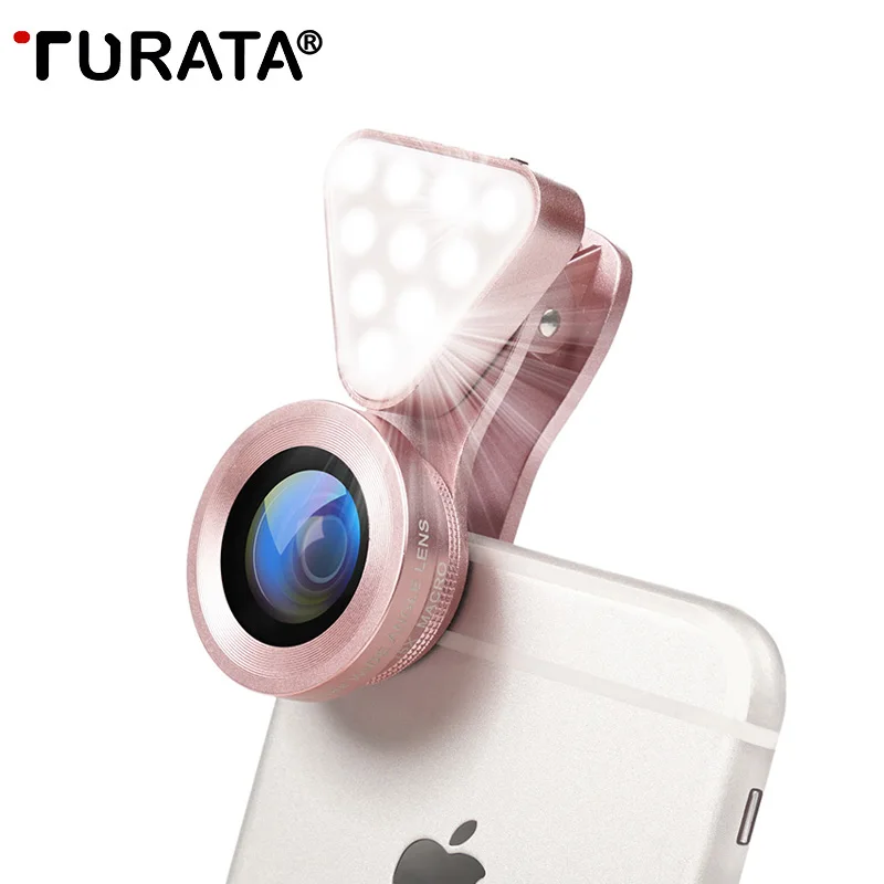 

TURATA Luxury LED Selfie Flash Light Beauty Phone Lens Fill Light 0.4-0.6X Wide Angle+10X Macro Lens for Smartphone