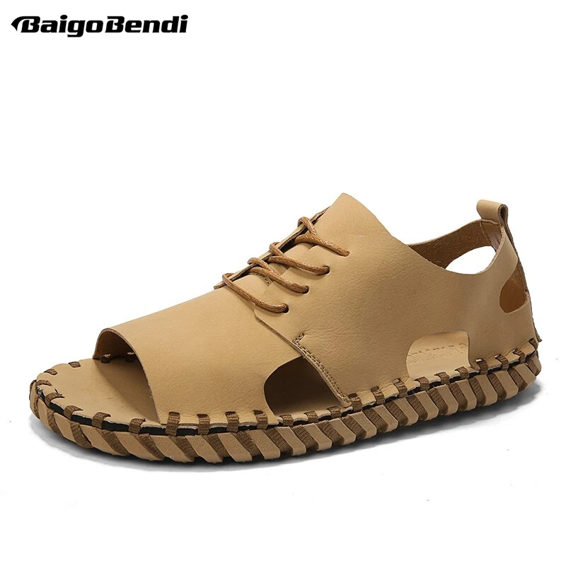 Retro Men Peep toe Sandals Fashion Man Lace Up Hollow Out Casual Summer Beach Shoes Nonslip