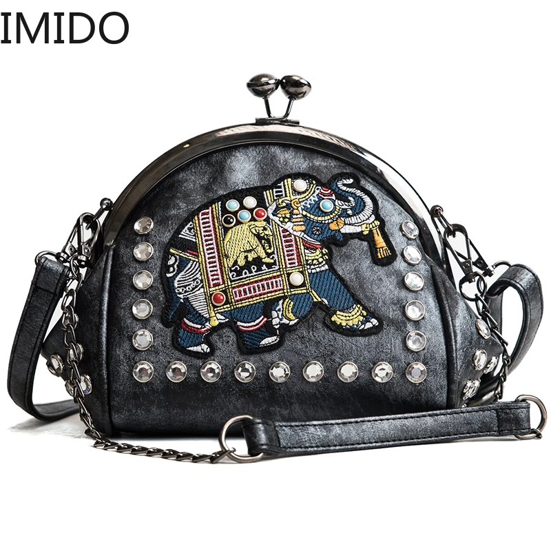 

IMIDO New Women's Diamond Decoration Shoulder Bag Shell Chain Bags Elephant Pattern Embroidery Hotsale Party Bag Messenger Bag