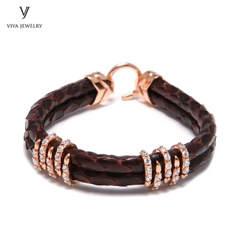 

Trendy A+++Real Python Leather Bracelet With Silver Clasp Pave Setting Zircon Men Charm Genuine Python Silver Bracelet With Box