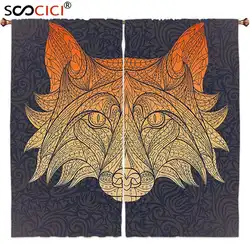 Оконные шторы 2 панели, племенной этнический орнамент голова Красной лисы животных на Цветочной скрученной фоне