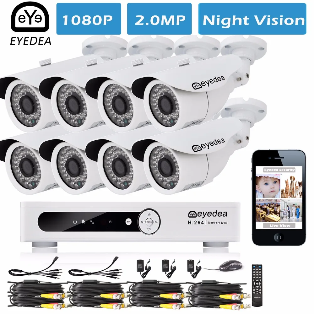 

Eyedea 8CH 1080P VGA HDMI Video DVR 5500TVL 2.0MP CMOS 36 LED IR-Cut Night Vision Outdoor Waterproof CCTV Security Camera System