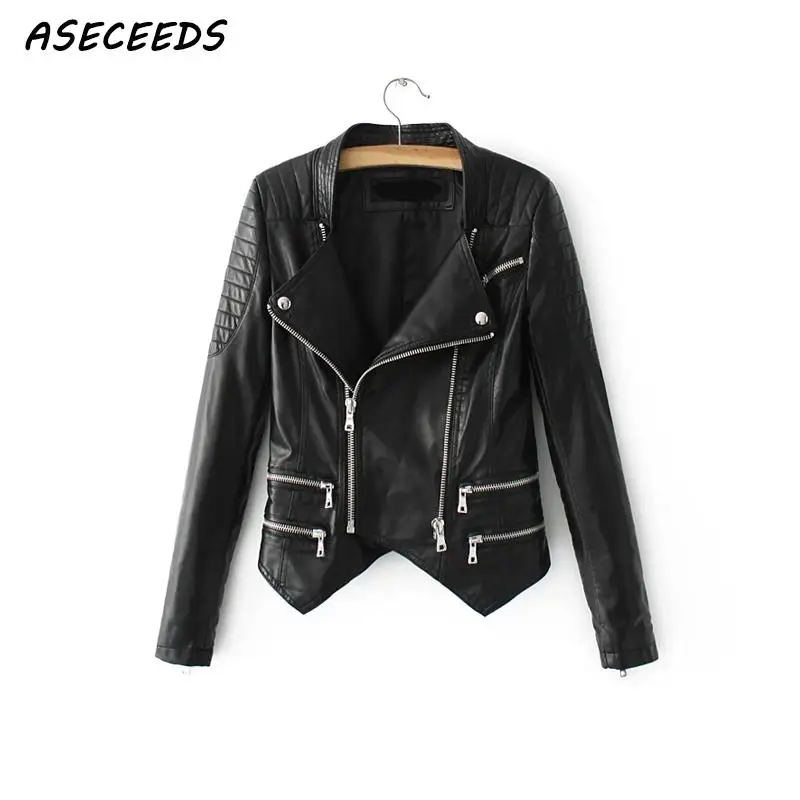Motorcyc Ladies faux leather jacket women's black short jacket rivet Zipper punk biker coat