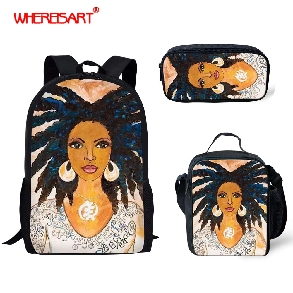 

WHEREISART School Bags For Girls 2019 African American Women prints Children Backpack Kids Bookbag Primary School Backpack