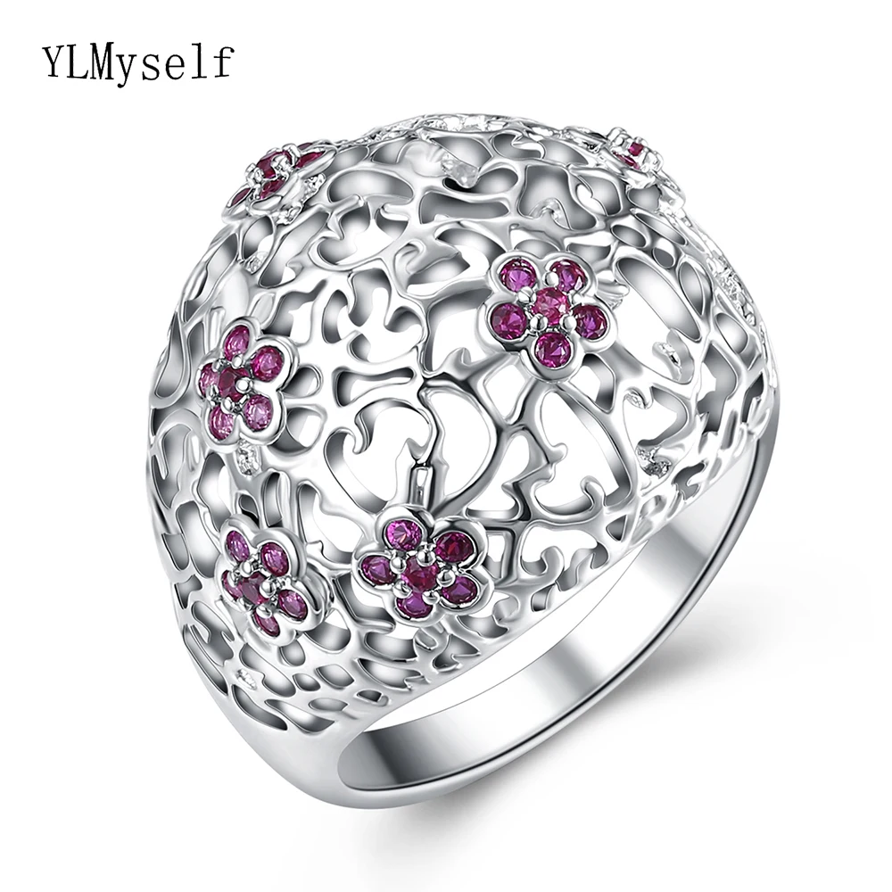 Big hollow ring trendy flower jewelry fashion women red crystal