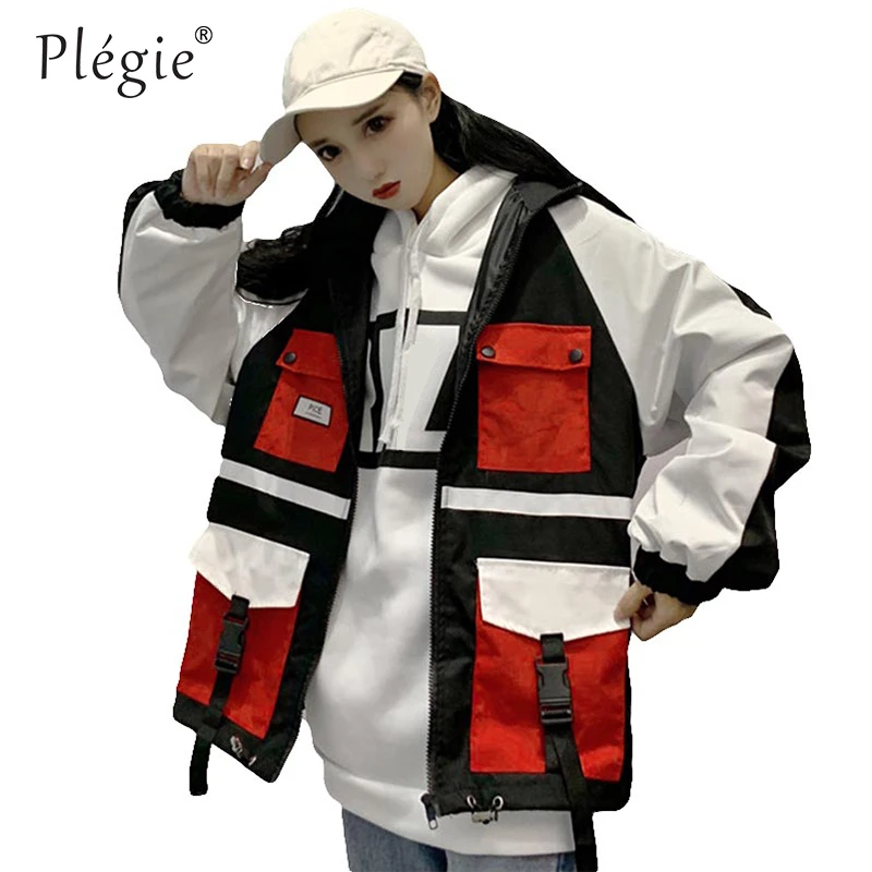 

Plegie Harajuku Oversized Jacket Women 2019 Spring New Arrival Outwear Patchwork Coat Hip Hop Streetwear Loose BF Style Jackets