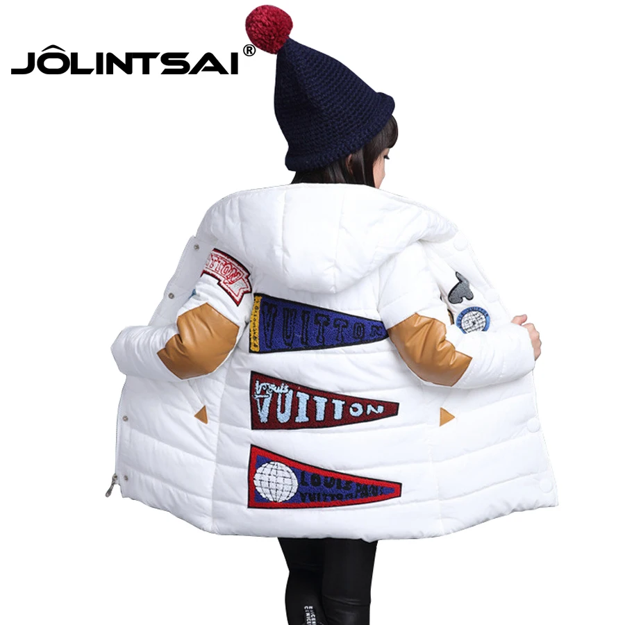 

New Down Jacket For Girls 2017 Cartoon Print Winter Coat Long Thick Warm Parkas Hooded Cotton Padded Fashion Outerwear Jackets