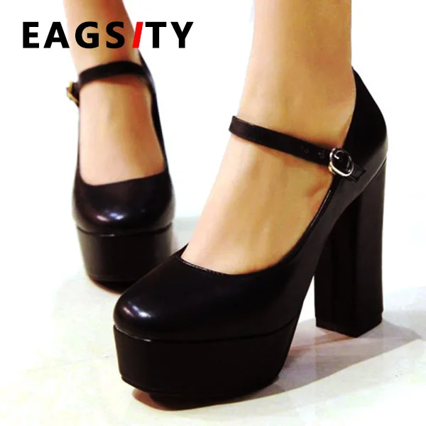 Black Pumps Mary Jane shoes women high heel shoes platform ankle strap square heel Ladies dress shoes wedding party dancing