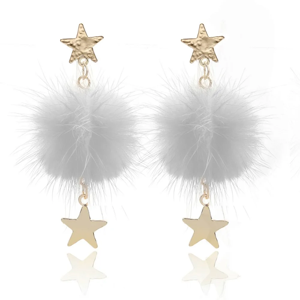 

Hot Women's Double Stars Faux Fur Pompom Pendant Dangle Long Drop Earrings Jewelry For Women Soft Pom Pom Ear Dangle Jewelry