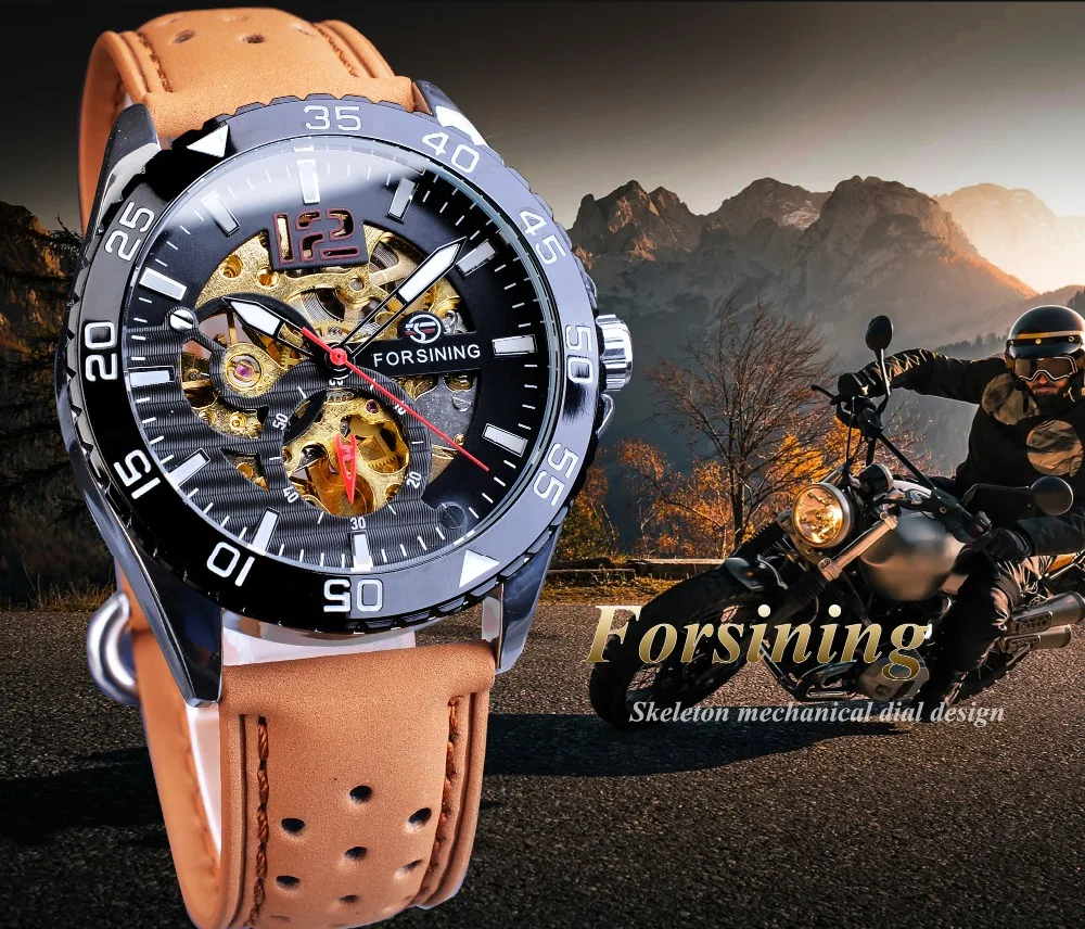 Forsining Creative Mechanical Sport Watches Men's Automatic Half Color Dial Brown Leather Band Racing Outdoor Watch Reloj Hombre_voghion.com
