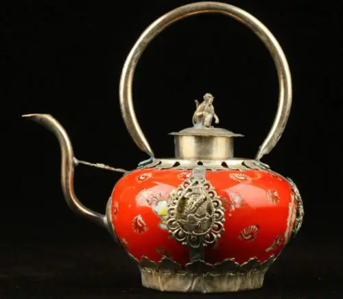 

Rare Collection Old decorated porcelain Tibet Silver Monkey Teapot