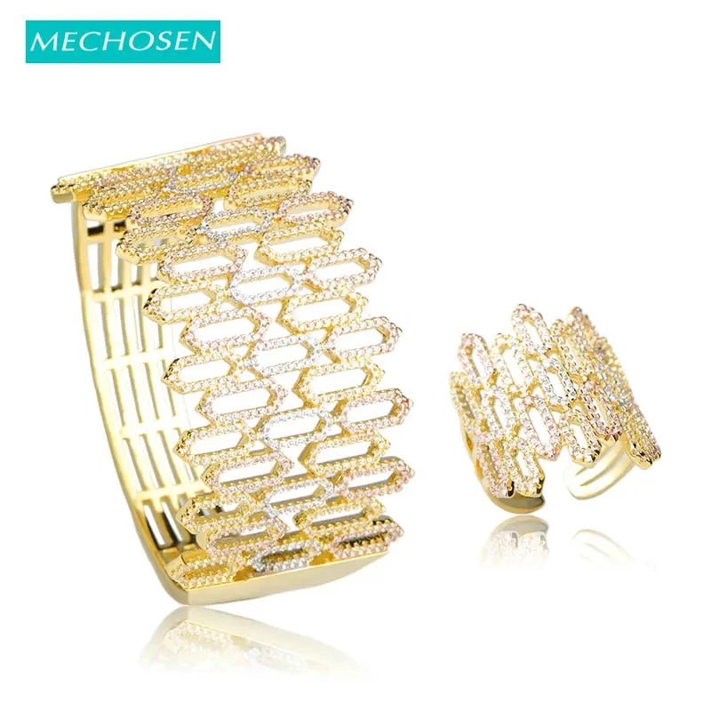 

MECHOSEN Luxury Cubic Zirconia Big Bangle Ring Set Multi Tone Zircon Bracelet & Bangle Wide Ring Women Bride Wedding Jewelry Set