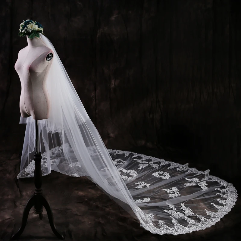 

2019 New Arrival 3 Meters Two Layers Lace Appliques Cut Edge White Ivory Wedding Veil Long 3 M Bridal Veil for Wedding