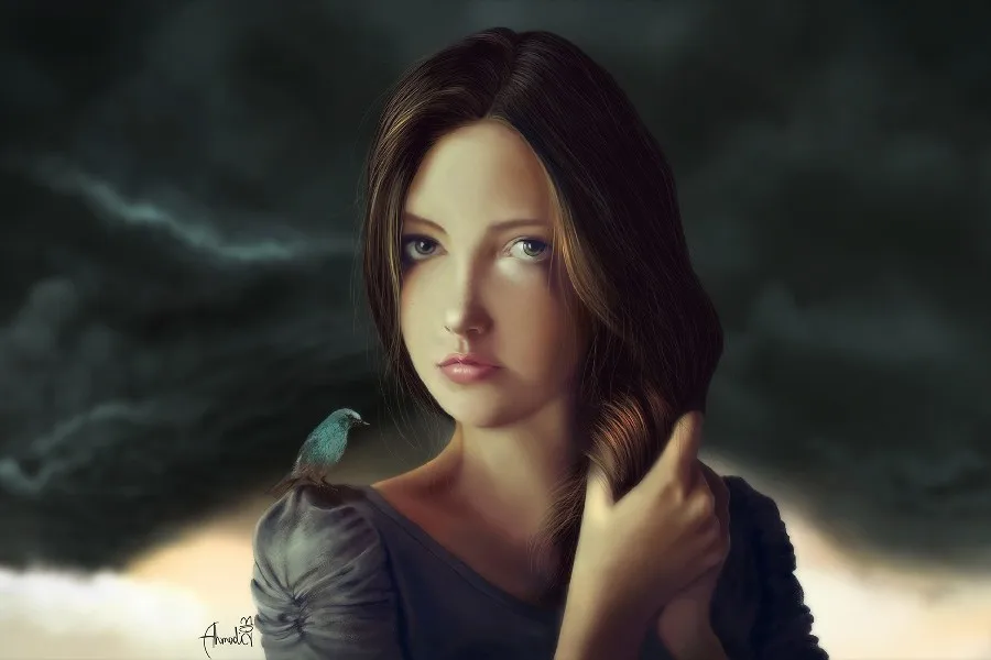 DIY frame Painting Art Brown haired Glance Face Girls cloth silk art