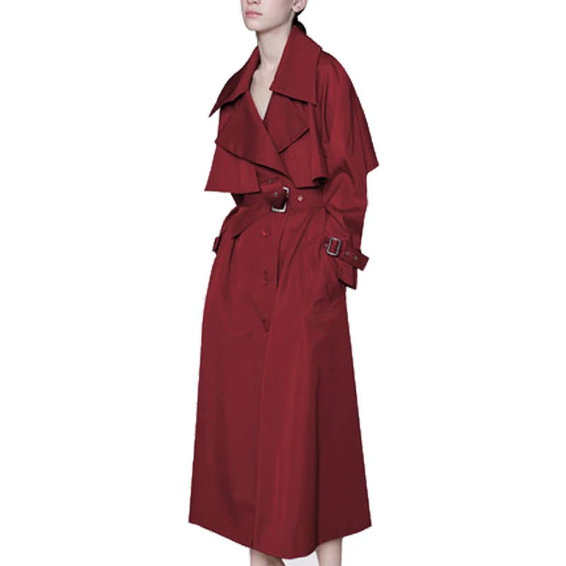 

Simplee Turn Down Collar Trench Coat Women Fashion Long Loose Coat 2019 Spring Autumn Wine Red Overcoat With Belt Outwear LX2642