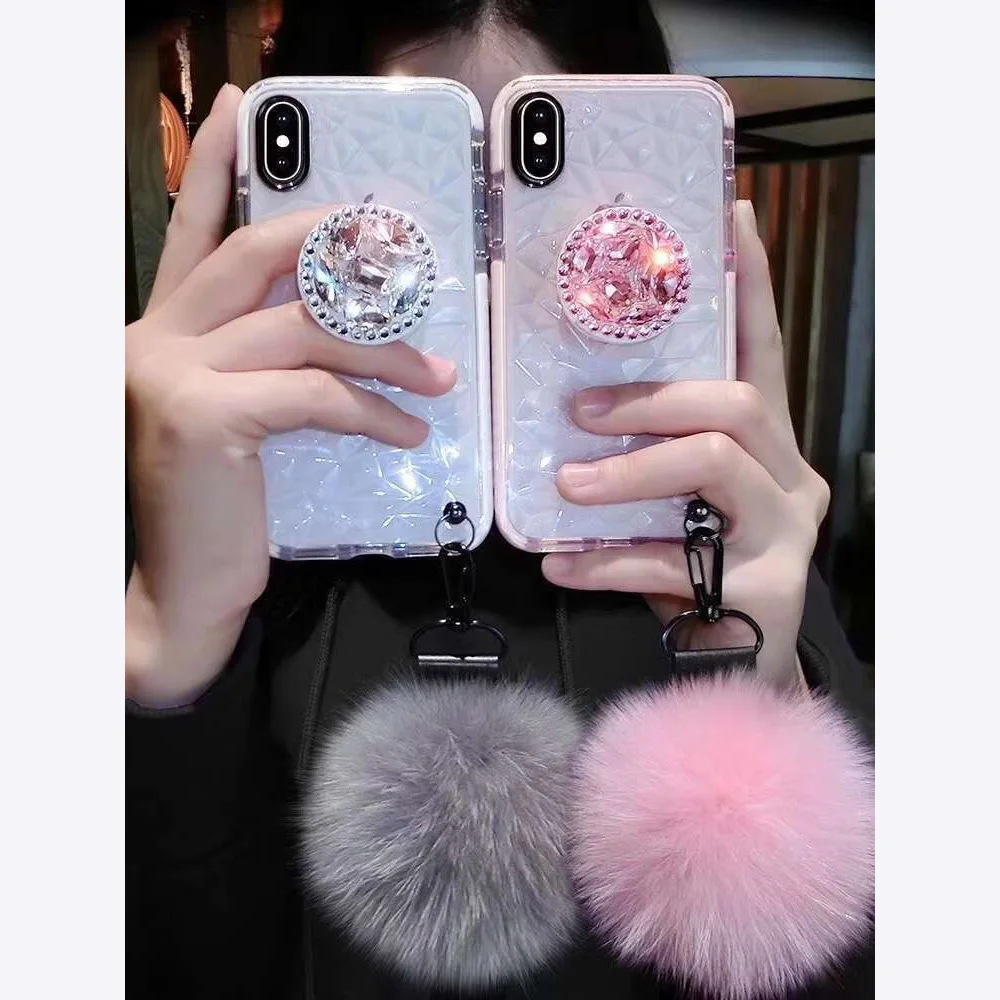DIY Fur Ball with Strap Crystal Bracket CZ diamond Strap Cover For iphone X 6s 7 8Plus XS MAX XR Phone Case Soft TPU Clear Coque