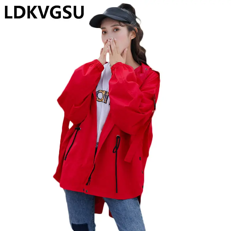 

2019 Spring Autumn New Korean Harajuku Women Loose Large Size Short Windbreaker Jacket Female Solid Color Hooded Coat Is1630