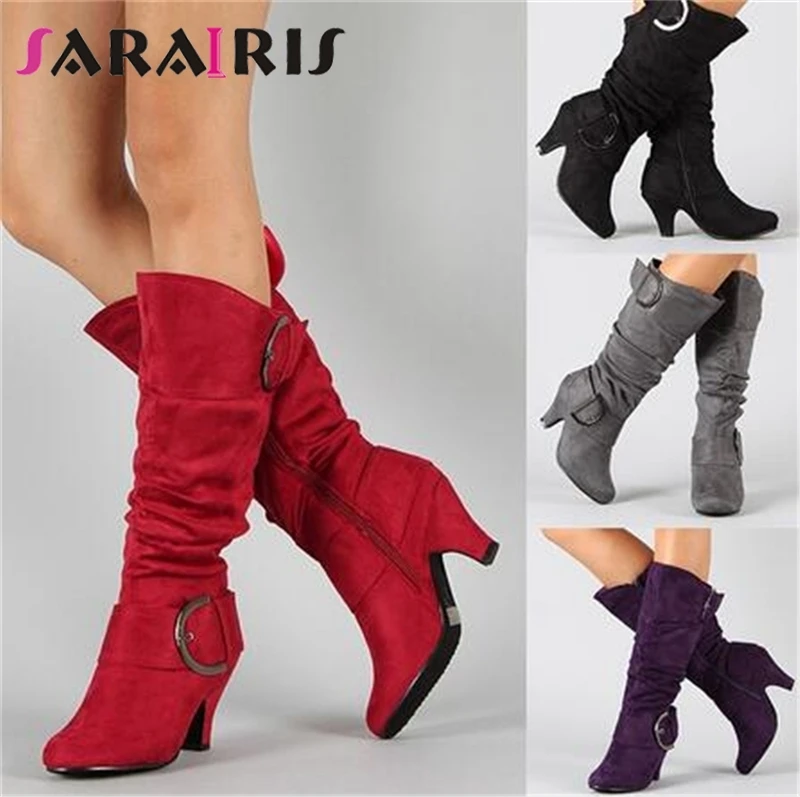 

SARAIRIS New Large Size 34-43 Fashion mid-calf Boots Zip Belt Buckle Woman Shoes Fall Winter High Heels women's Shoes Boots