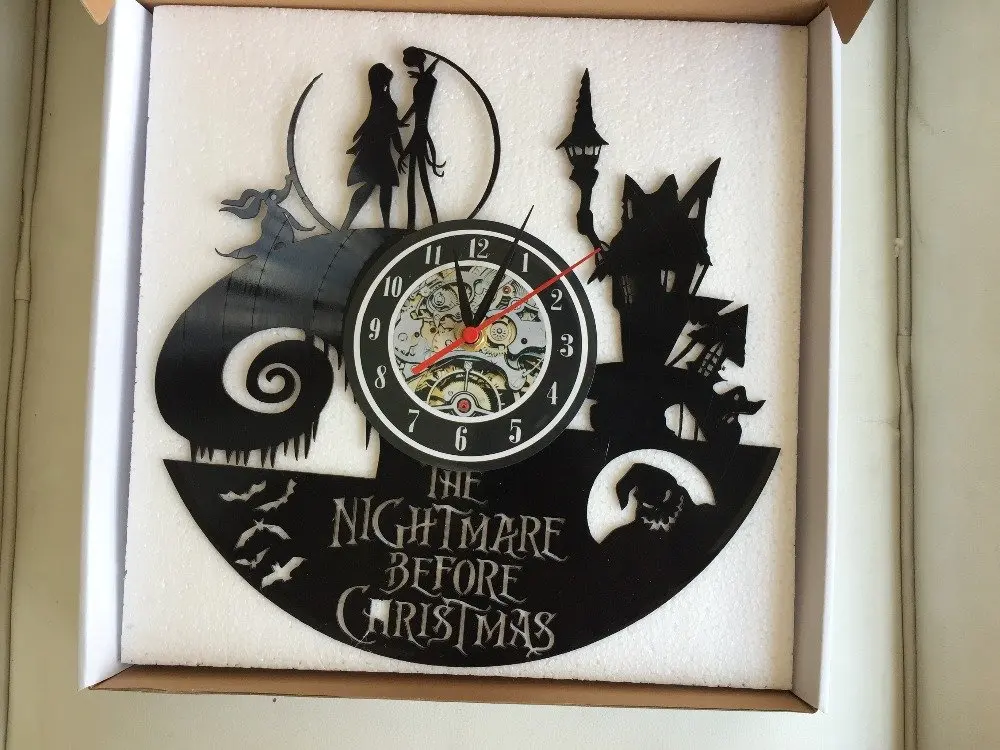 Lovinland Wall Clock Vintage 30cm 12 inch Jack and Sally Nightmare Before Christmas Vinyl Record CD Wall Clock 3D Antique Clock 3