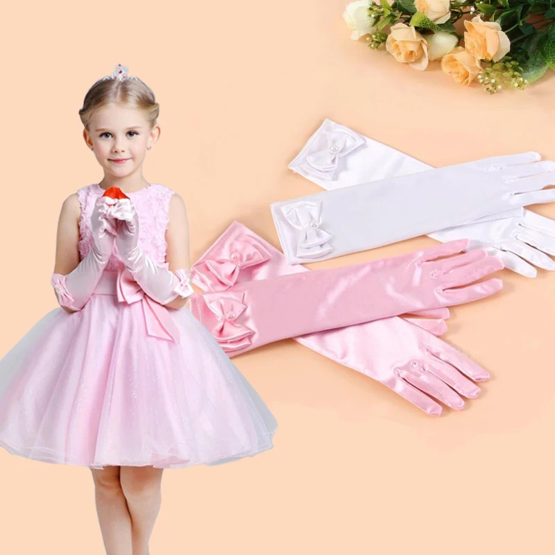 Girl's Mittens Elastic Girls Satin Long Sleeve Gloves Bow Gloves Kid's