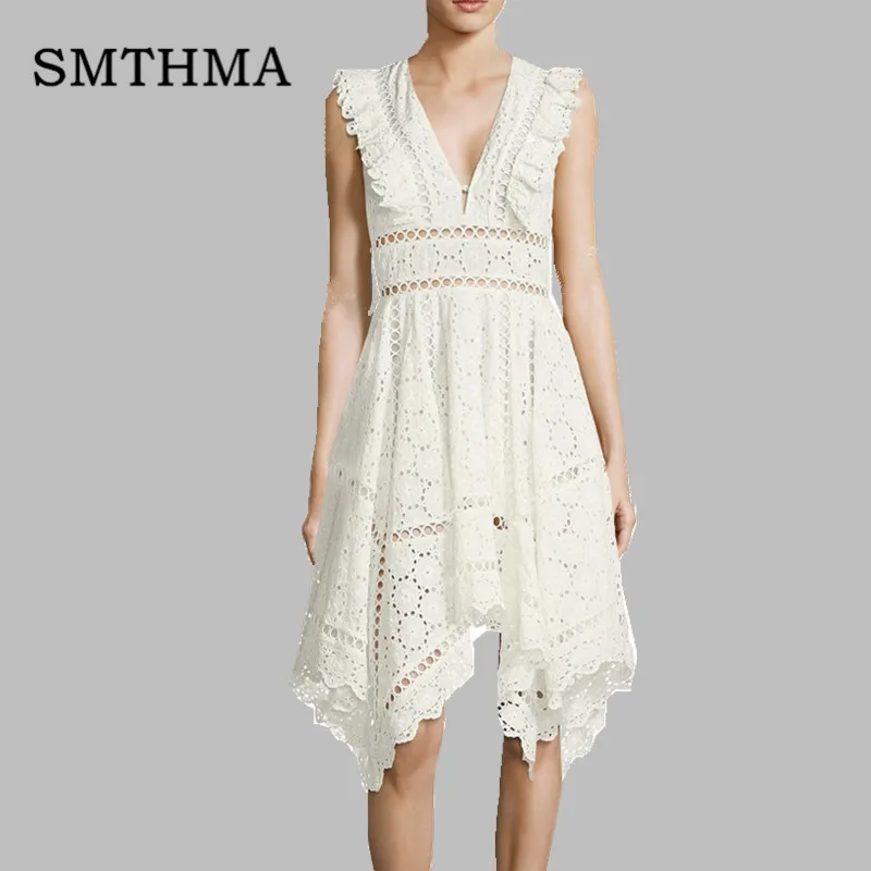 

SMTHMA High Quality Newest Fashion 2019 Summer Runway Dress Women's Elegant sleeveless Blue White Lace Hollow Asymmetry Dress