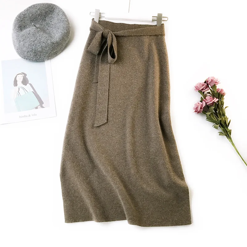OHRYIYIE/Высококачественная Серая шерстяная вязаная женская юбка, модная кашемировая тонкая трапециевидная вязаная юбка с поясом для женщин