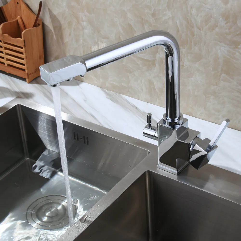 Vouruna квадратной рукояткой фильтр чистой воды кран Три потока смеситель кран Кухня 3-сторонний выход смеситель хром