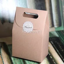 50Pcs Handle Gift Box Kraft Paper Zakka Wedding Favor Candy Boxes Craft Bakery Cookies Biscuits Package Bags Custom LOGO Printed