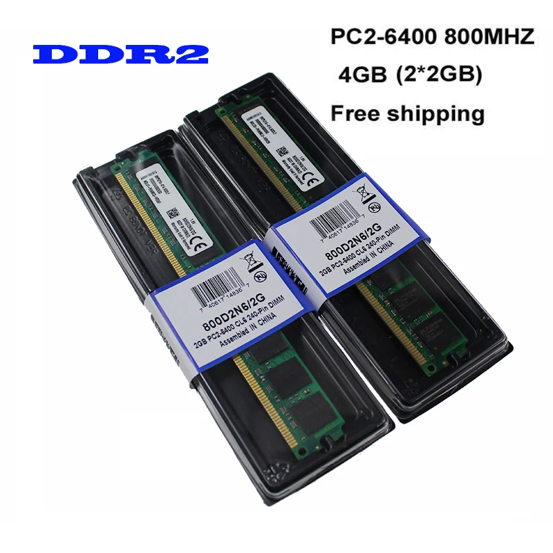  Free Shipping! Brand New 4GB(2pcs*2GB) DDR2 2GB 800Mhz / PC2-6400U For Desktop Ram Memory 