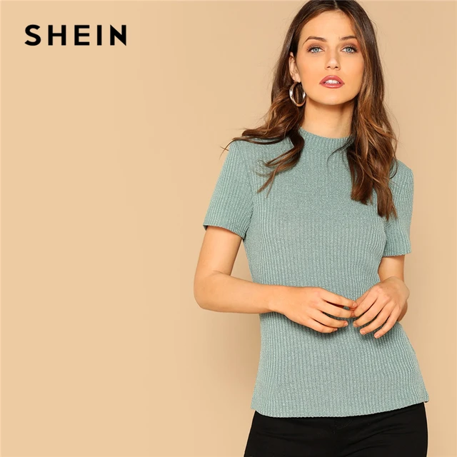 Download SHEIN Green Office Lady Mock neck Form Fitted Rib knit Tee ...