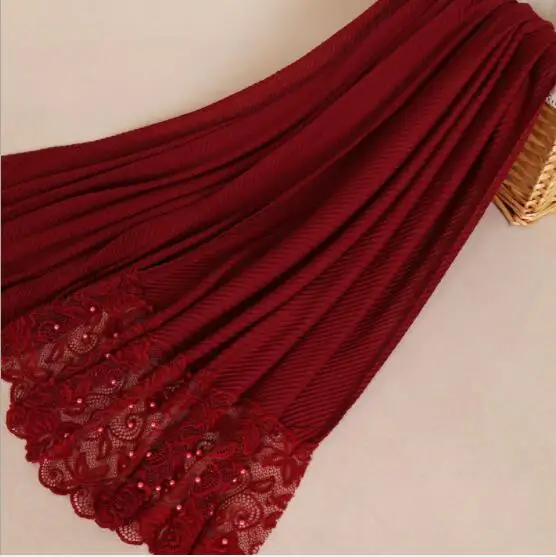 Красивое кружево, вышивка края хлопок хиджаб Зима Простой мусульманский мятый шарф с жемчугом Для женщин длинный широкий шарф мягкий шарф