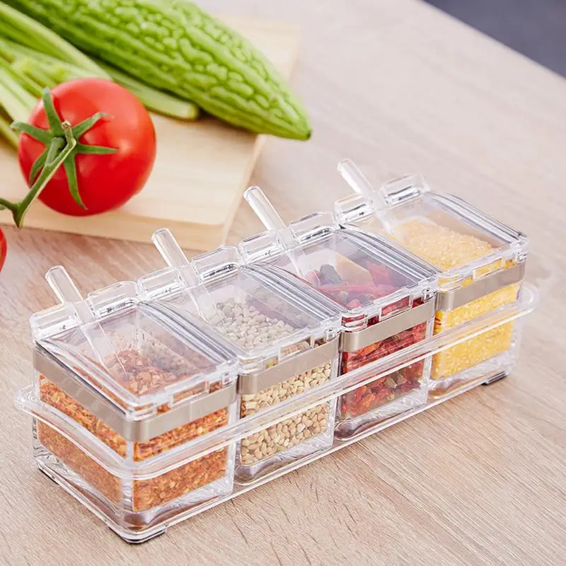 

4Pcs/Set Clear Seasoning Condiment Storage Containers Acrylic Spice Jars Dispenser for Salt Sugar with Cover and Spoon