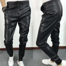 Мужские повседневные модные черные мешковатые штаны из искусственной кожи в стиле панк, брюки-карандаш для мотоцикла, повседневные брюки большого размера F9