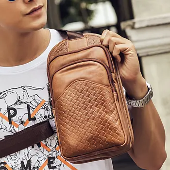 

BULLCAPTAIN First layer of Cowhide Leather Handbag men's leather Knitting chest bag multi-function 8 inch pockets