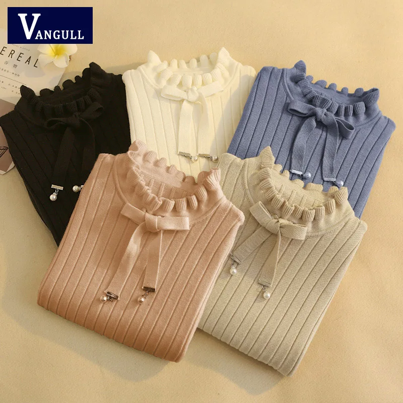 

Vangull Casual Spring Slim Sweater Winter Knitted Sweater New Lace Up Flare Long Sleeve Ruffle Knitting Pullover Women Sweaters
