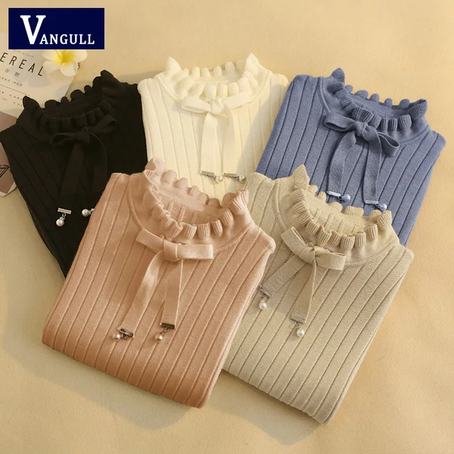US $9.73 Vangull Casual Spring Slim Sweater Winter Knitted Sweater New Lace Up Flare Long Sleeve Ruffle Knit