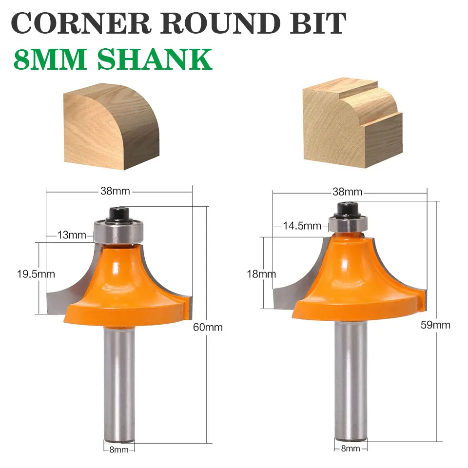  1pc 8mm Shank Round-Over Router Bits for wood Woodworking Tool 2 flute endmill with bearing milling