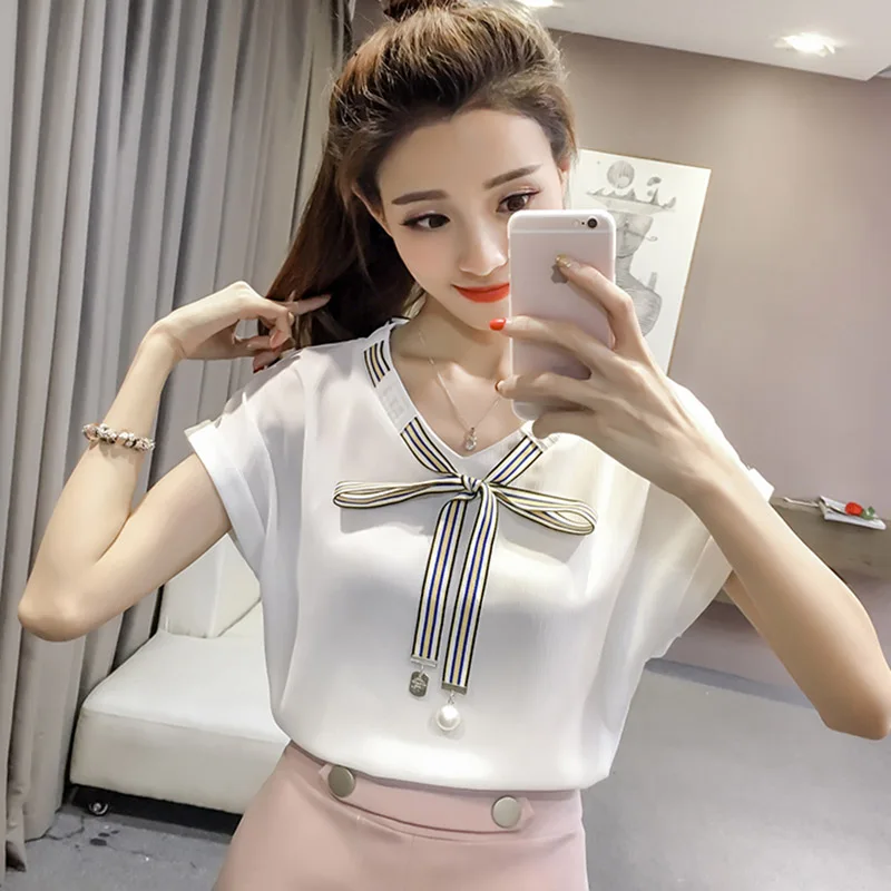 

New Design Women Summer Chiffon Blouses Shirts Lady Girls Casual O-Neck Bow Tie Short Batwing Sleeve Tops Shirts Blusas DD1658