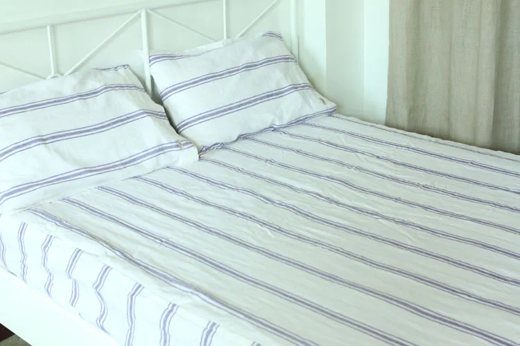 

Set of 4 Pre stone washed 100% Natural Linen Navy and White striped bedding duvet cover set+ 2 pillowcases + flat sheet