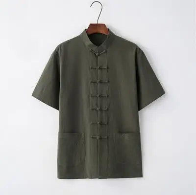 Традиционная мужская хлопковая рубашка Liene Wing Chun Kung Fu Летняя Повседневная блуза с короткими рукавами M L XL XXL 3XL 4XL - Цвет: Армейский зеленый