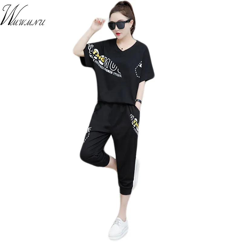 

2019 New Summer Women Casual Suits Women's Tracksuits Female Solid Color Short Sleeve Tops And Loose Harem Pants Sportwear 2Pcs