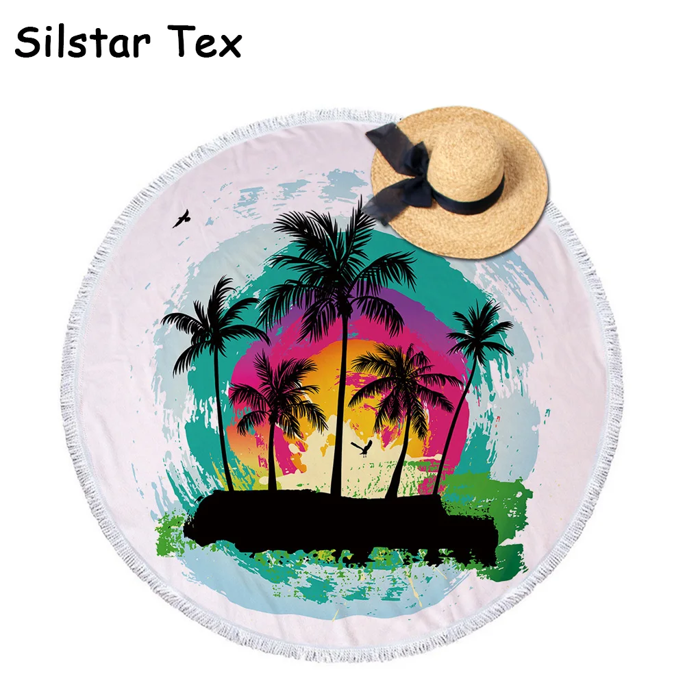 Silstar Tex 150cm Soft Microfiber Round Beach Towel Plam Tree Printed Tassel Yogo Bath Towels Large Size Quick-Dry Blanket | Дом и сад
