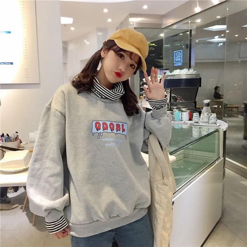 Harajuku полосатый принт графическая водолазка оверсайз Женская толстовка KPOP 2019