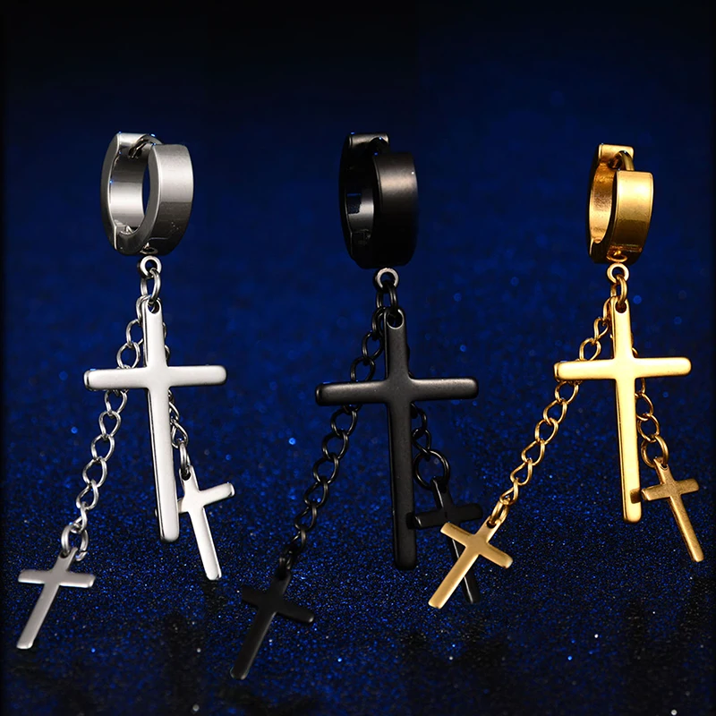 Стильные, крутые мужские серьги huggie Hoop из нержавеющей стали со стальным серебряным черным золотым крестом