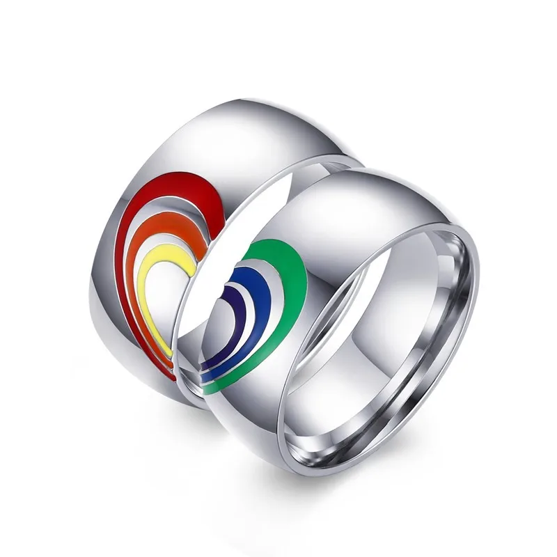 Простое серебряное кольцо для влюбленных, нержавеющая сталь, цвет радуги, эмаль, сшитое сердце, кольца для мужчин и женщин, свадебные ювелирные изделия, Bague