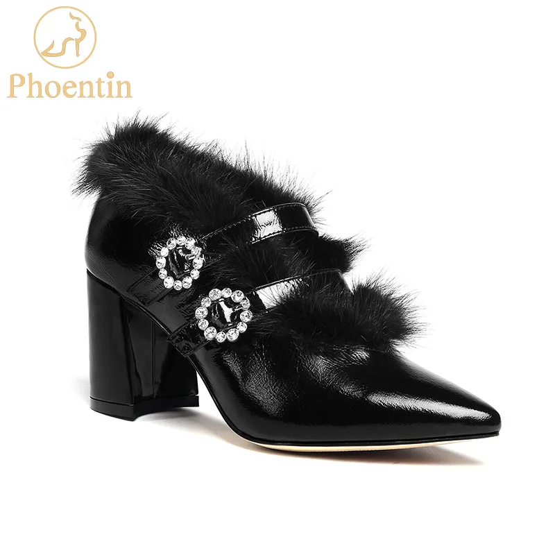 Phoentin/черные женские ботильоны на меху, новинка, ботинки на меху с кристаллами и пряжкой, Женская офисная обувь на высоком толстом каблуке с острым носком, FT542