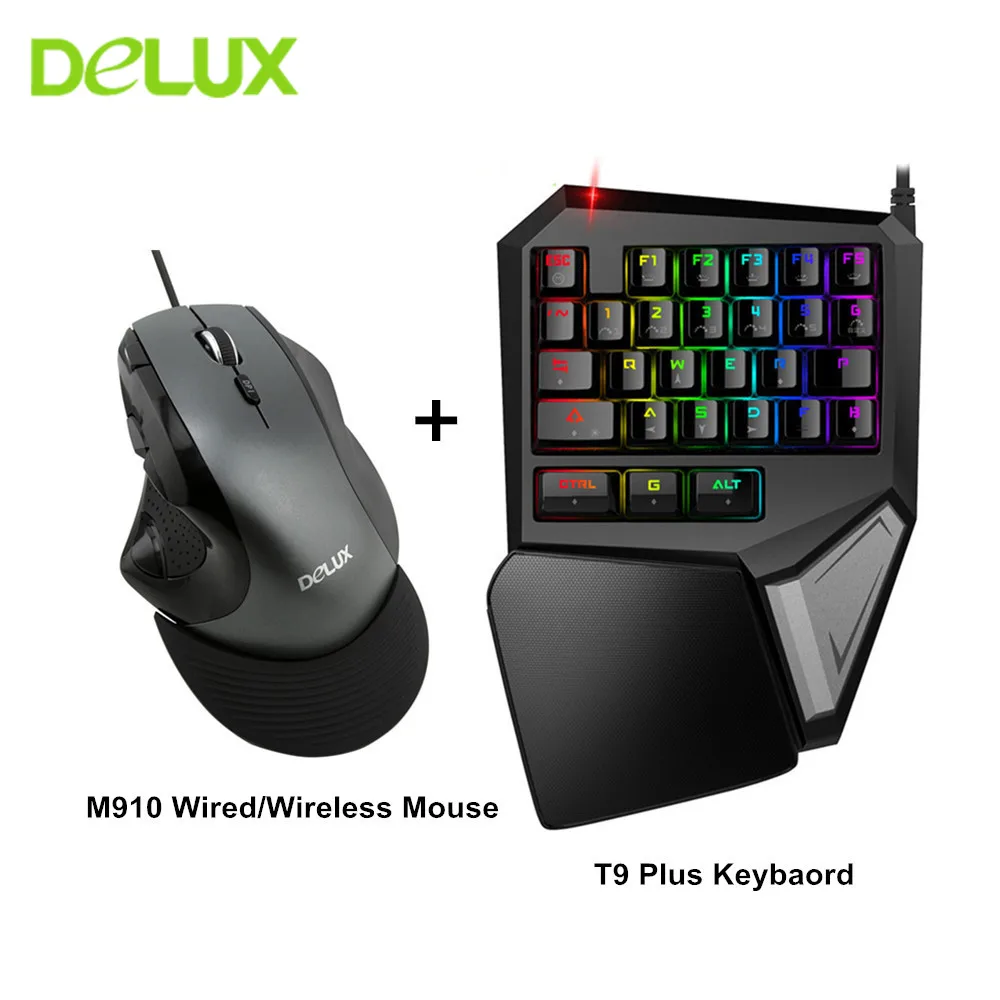 

Delux M910 Wired Optical Ergonomic Gaming Mouse 9 Buttons 4000 DPI USB Wireless Mice with T9 Plus Gaming Keybaord for PC Gamer