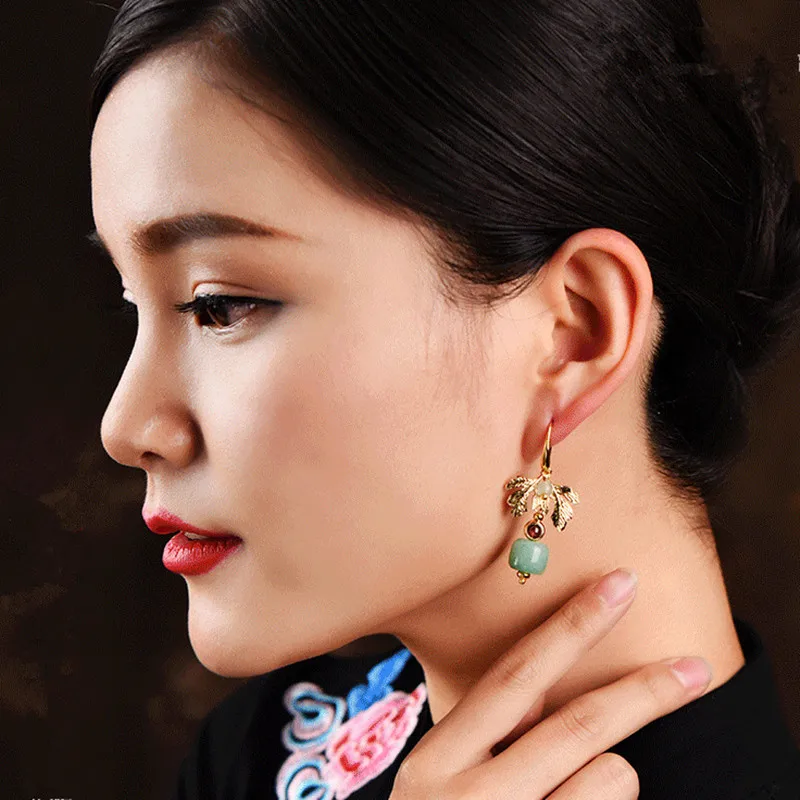 Yanting Vintage Earrings For Women Ethnic Earrings Female Gold Color Leaf Earings Fashion Jewelry Aventurine Stone Earring 032 (2)