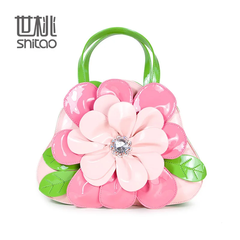 

016 Handbags pink 3D flowers style Women Bags tote Handbags New Popular flower pattern PU leather Women handbags shoulder bag